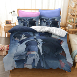 Housse de couette Naruto avec imprimé gris sur un lit