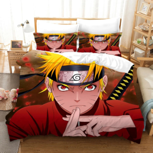 Housse de couette Naruto avec imprimé rouge sur un lit