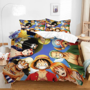 Housse de couette One Piece avec plusieurs personnages sur un lit