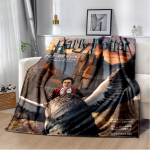 Plaid Harry Potter sur le dos d'un hippogriffe devant Poudlard posé sur un canapé avec un rideau à gauche et un cadre avec une figurine au-dessus