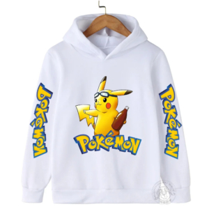 Pull Pokemon pour enfant avec inscription et imprimé sur fond blanc